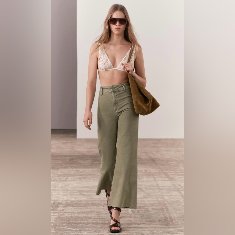 Zara Olive Green Wide-Leg High-Rise Jeans